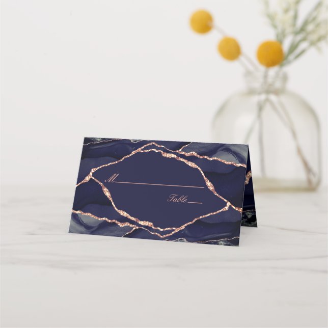 Elegant Navy Blue Rose Gold Foil Agate Wedding Place Card (Front)
