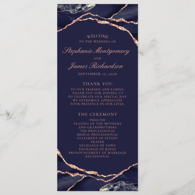 Elegant Navy Blue Rose Gold Foil Agate Wedding Program (Front)