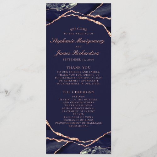 Elegant Navy Blue Rose Gold Foil Agate Wedding Program