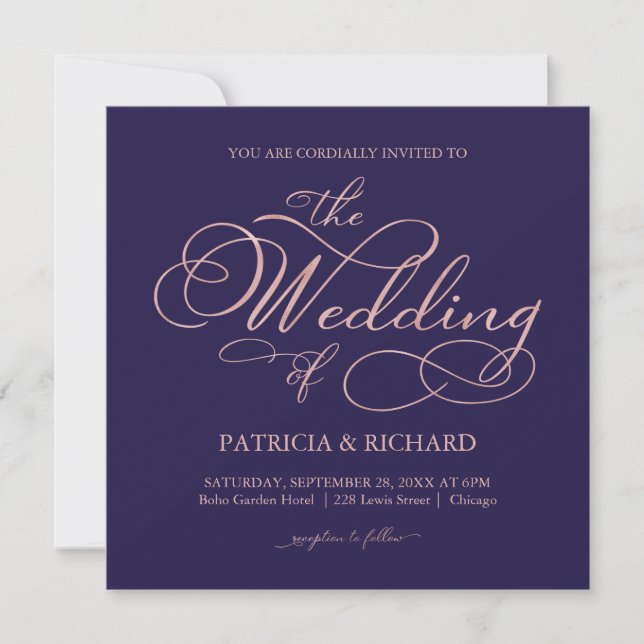 Elegant Navy Blue Rose Gold Foil Script Wedding Invitation (Front)