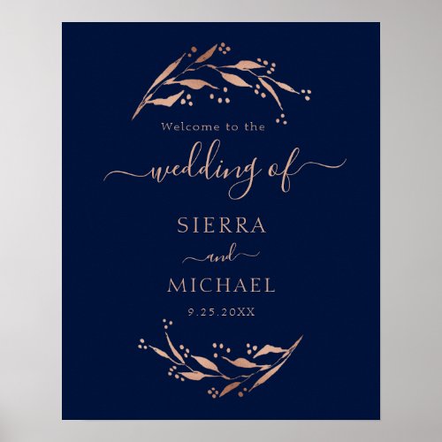 Elegant Navy Blue Rose Gold Foliage Wedding Poster