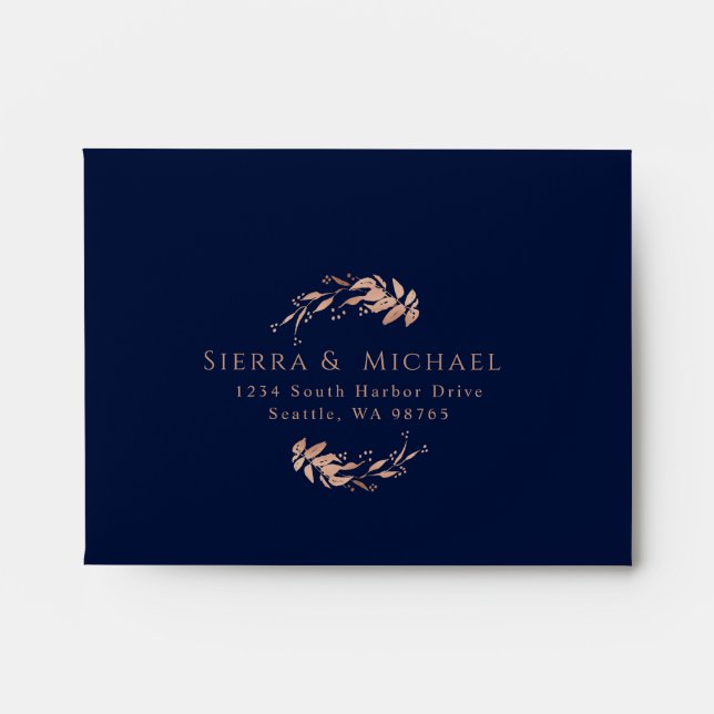 Elegant Navy Blue Rose Gold Foliage Wedding RSVP Envelope (Front)