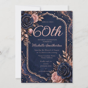 Elegant Navy Blue Rose Gold Glitter 60th Birthday Invitation