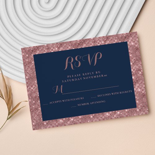 Elegant navy blue rose gold glitter border RSVP