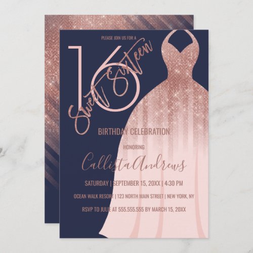 Elegant Navy Blue Rose Gold Glitter Dress Sweet 16 Invitation