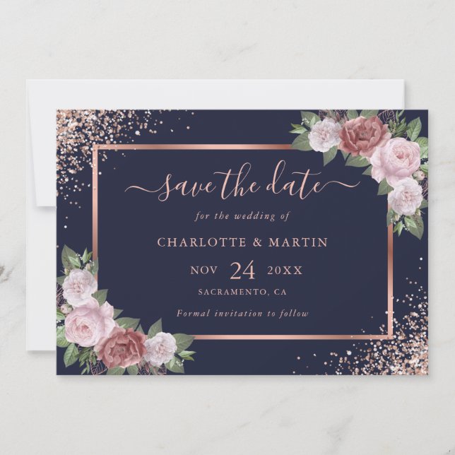 Elegant Navy Blue Rose Gold Glitter Floral Wedding Save The Date (Front)
