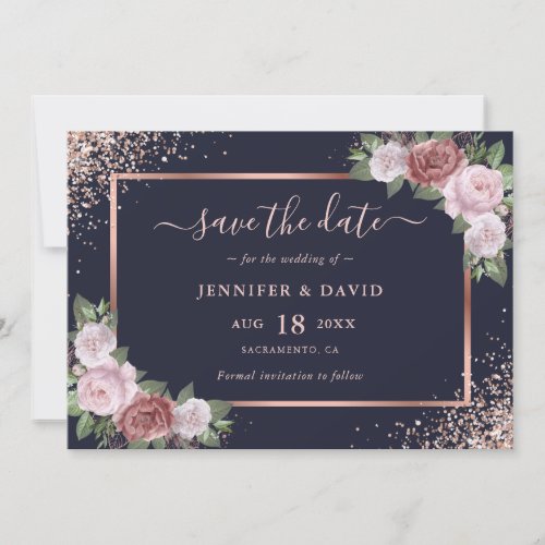 Elegant Navy Blue Rose Gold Glitter Floral Wedding Save The Date