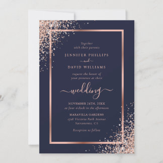 Elegant Navy Blue Rose Gold Glitter Frame Wedding Invitation