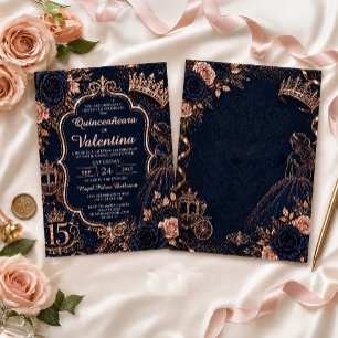 Elegant Navy Blue Rose Gold Glitter Quinceañera  Invitation
