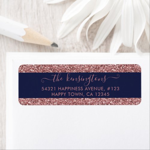 Elegant Navy Blue Rose Gold Glitter Sparkle Label