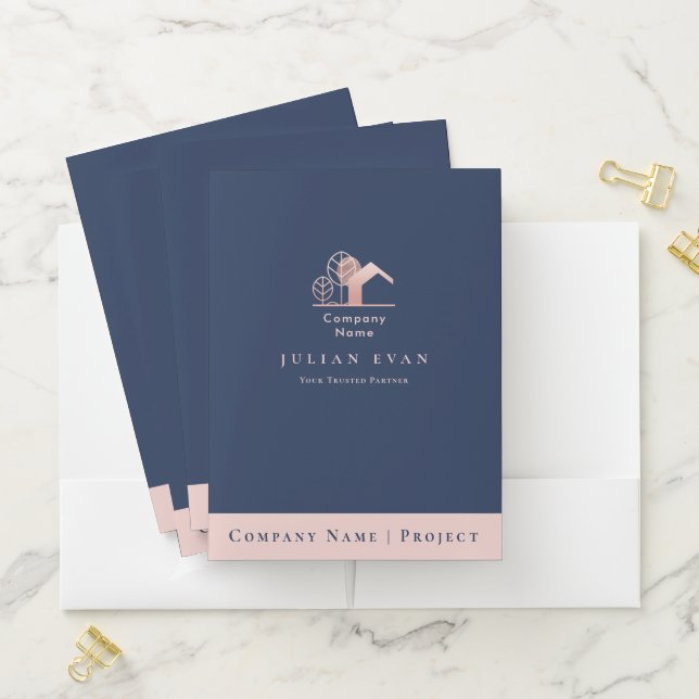 Elegant Navy Blue Rose Gold House Logo Shiny Pocket Folder (In Situ)