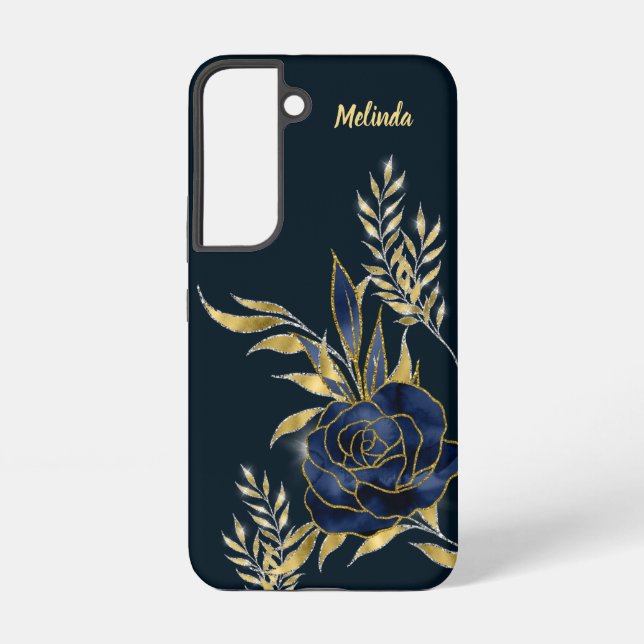 Elegant Navy Blue Rose Gold Leaves Monogram Samsung Galaxy Case (Back)