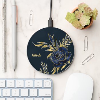 Elegant Navy Blue Rose Gold Leaves Wireless Charger by AvenueCentral at Zazzle