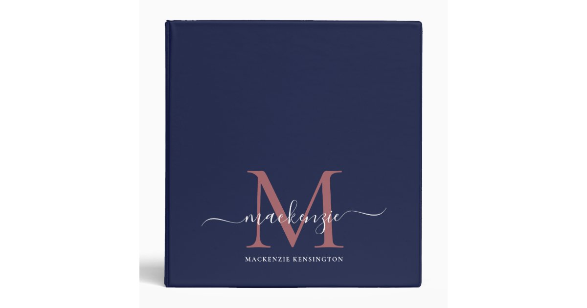 Elegant Navy Blue Rose Gold Monogram 3 Ring Binder | Zazzle