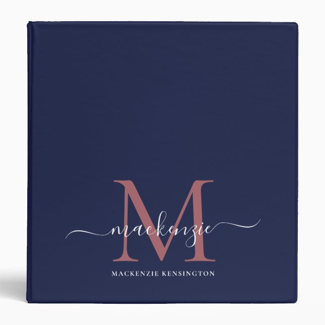Elegant Navy Blue Rose Gold Monogram 3 Ring Binder (Front)