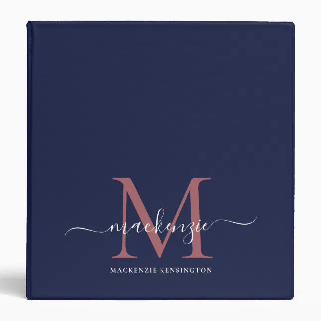 Elegant Navy Blue Rose Gold Monogram 3 Ring Binder | Zazzle