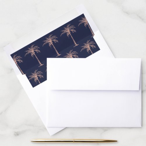 Elegant Navy Blue Rose Gold Palm Tree Wedding Envelope Liner