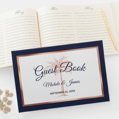 Elegant Navy Blue Rose Gold Palm Tree Wedding Guest Book