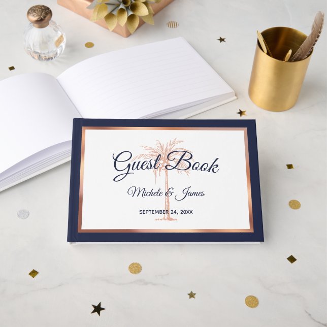 Elegant Navy Blue Rose Gold Palm Tree Wedding Guest Book (Front Open)