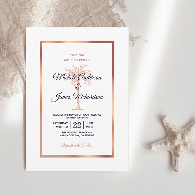 Elegant Navy Blue Rose Gold Palm Tree Wedding Invitation (Creator Uploaded)