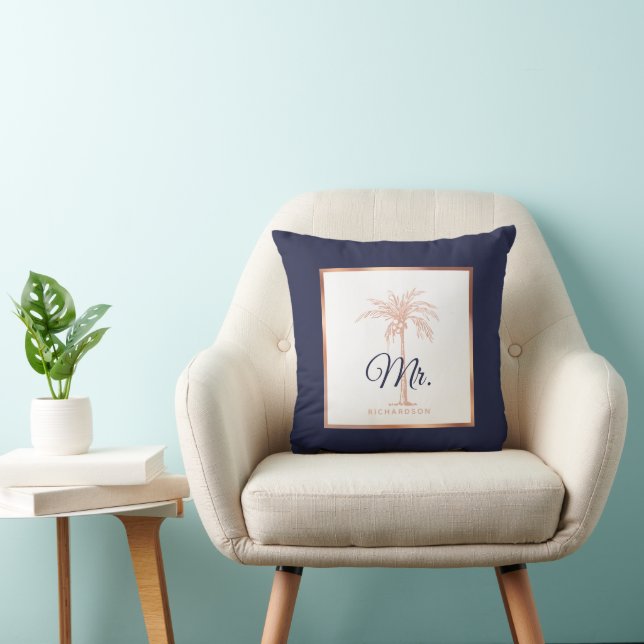 Elegant Navy Blue Rose Gold Palm Tree Wedding Mr. Throw Pillow (Chair)