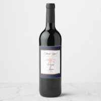 Elegant Navy Blue Rose Gold Palm Tree Wedding Wine Label