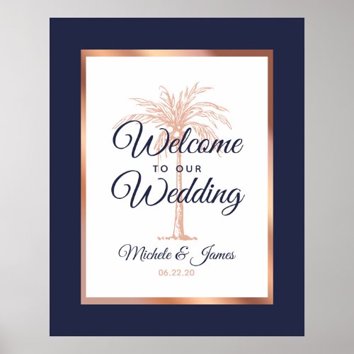 Elegant Navy Blue Rose Gold Palm Wedding Welcome Poster
