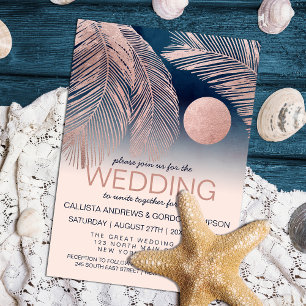 Elegant Navy Blue Rose Gold Pink Palm Tree Wedding Invitation