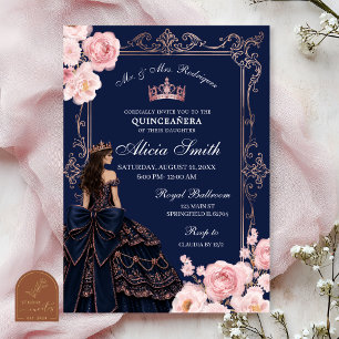 Elegant Navy Blue Rose Gold Quinceanera Invitation