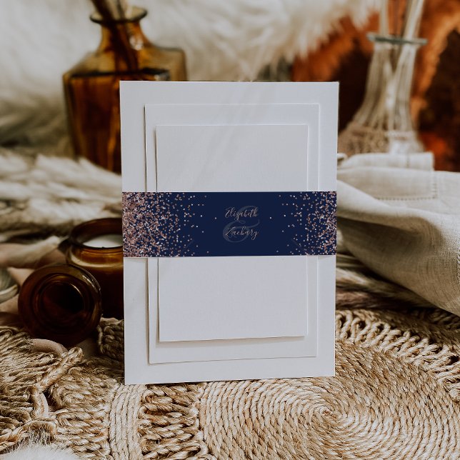 Elegant Navy Blue Rose Gold Wedding Invitation Belly Band (Creator Uploaded)