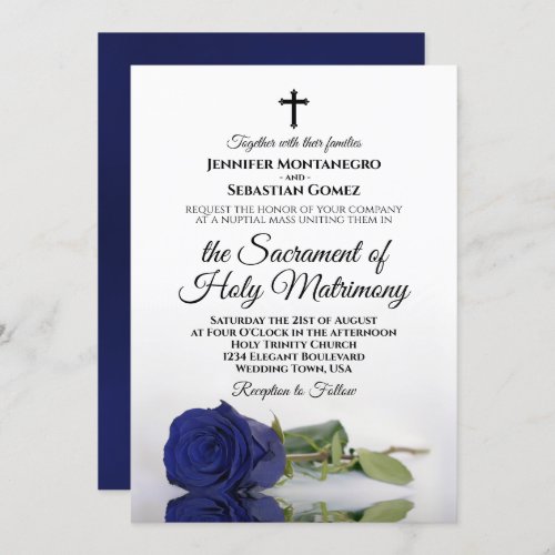 Elegant Navy Blue Rose Modern Catholic Wedding Invitation