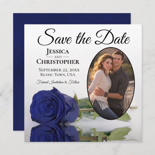 Elegant Navy Blue Rose on White Oval Photo Wedding Save The Date