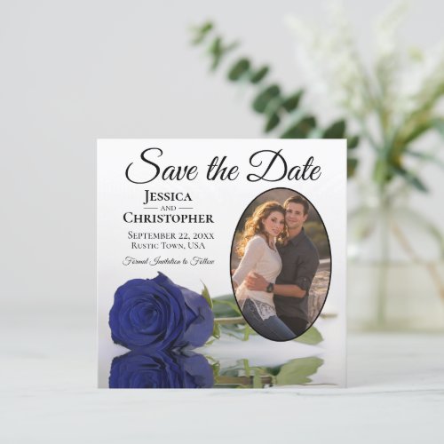 Elegant Navy Blue Rose on White Oval Photo Wedding Save The Date