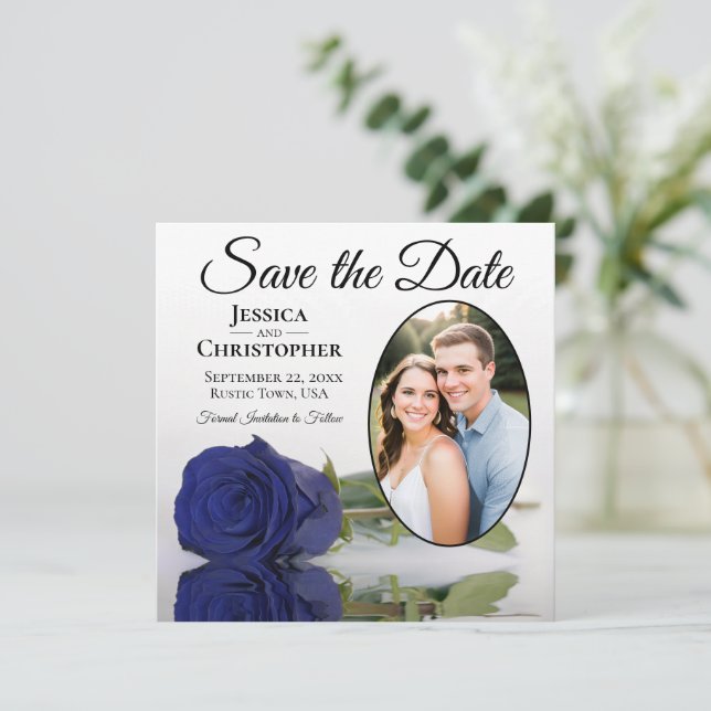 Elegant Navy Blue Rose on White Oval Photo Wedding Save The Date (Standing Front)