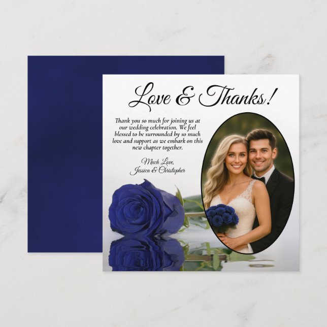 Elegant Navy Blue Rose Oval Photo Romantic Wedding Thank You Card (Front/Back)
