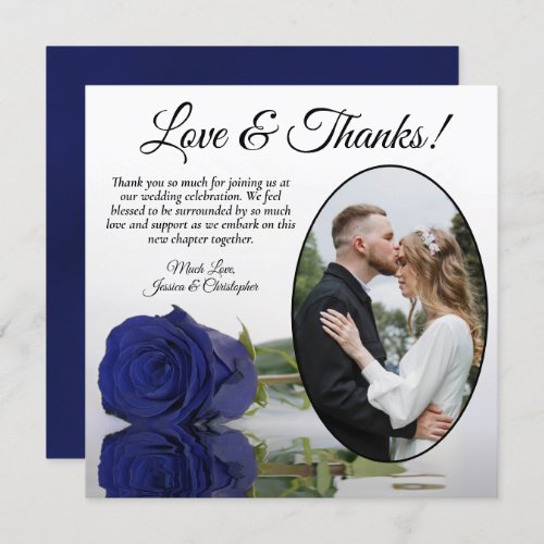 Elegant Navy Blue Rose Oval Photo Romantic Wedding Thank You Card