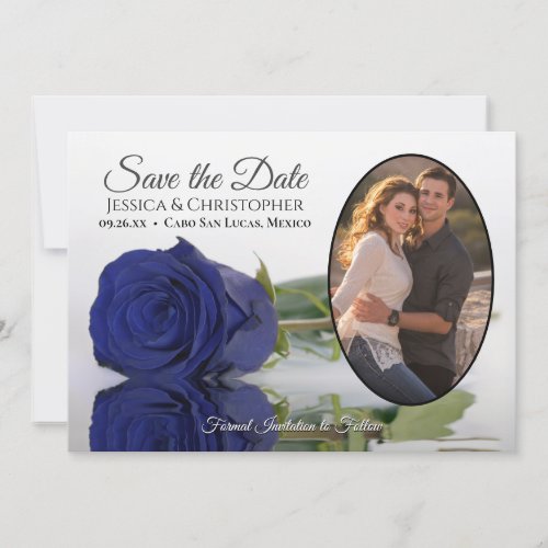 Elegant Navy Blue Rose  Oval Photo Wedding Save The Date