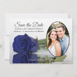 Elegant Navy Blue Rose & Oval Photo Wedding Save The Date