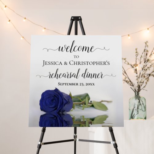 Elegant Navy Blue Rose Rehearsal Dinner Welcome Foam Board