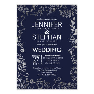 Elegant Navy Blue Rose Silver Floral Wedding Card