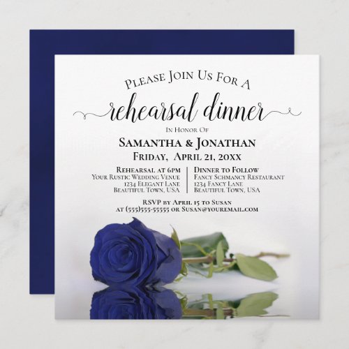 Elegant Navy Blue Rose Wedding Rehearsal  Dinner Invitation