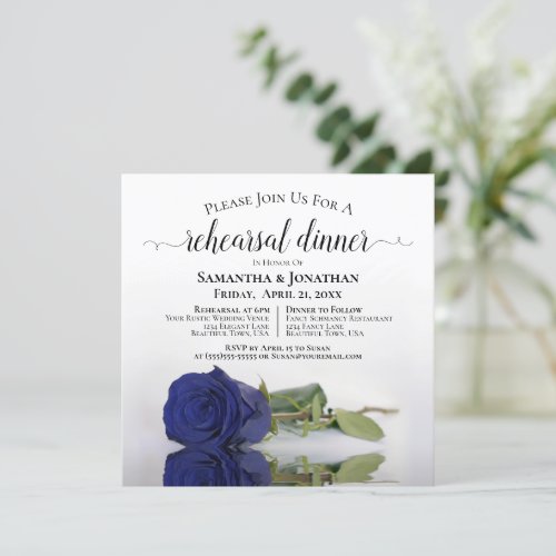 Elegant Navy Blue Rose Wedding Rehearsal  Dinner Invitation