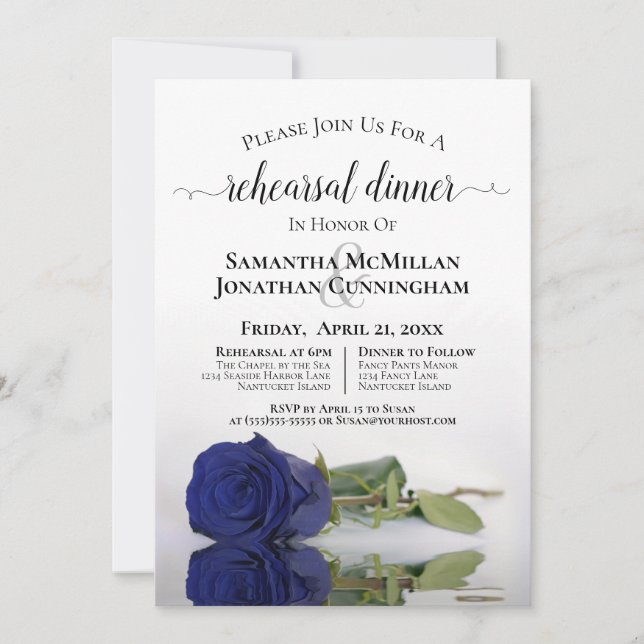 Elegant Navy Blue Rose Wedding Rehearsal Dinner Invitation (Front)