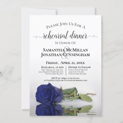 Elegant Navy Blue Rose Wedding Rehearsal Dinner Invitation