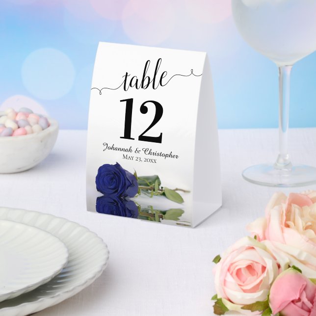 Elegant Navy Blue Rose Wedding Table Number Paper Table Tent (Insitu(Wedding))
