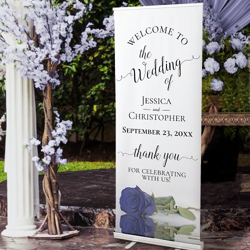 Elegant Navy Blue Rose Wedding Welcome Retractable Banner