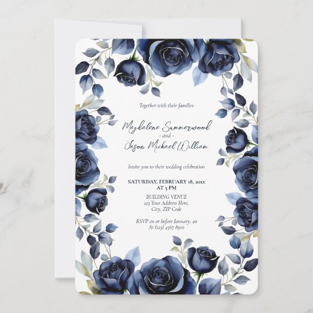 Elegant Navy Blue Rose White Background Wedding Invitation (Front)