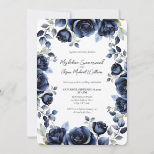 Elegant Navy Blue Rose White Background Wedding Invitation