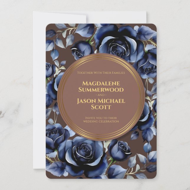 Elegant Navy Blue Roses Floral & Gold Brown Invitation (Front)