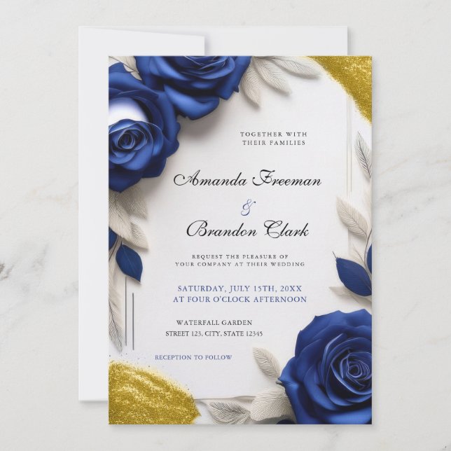 Elegant Navy Blue Roses & Gold Glitter Wedding Invitation (Front)